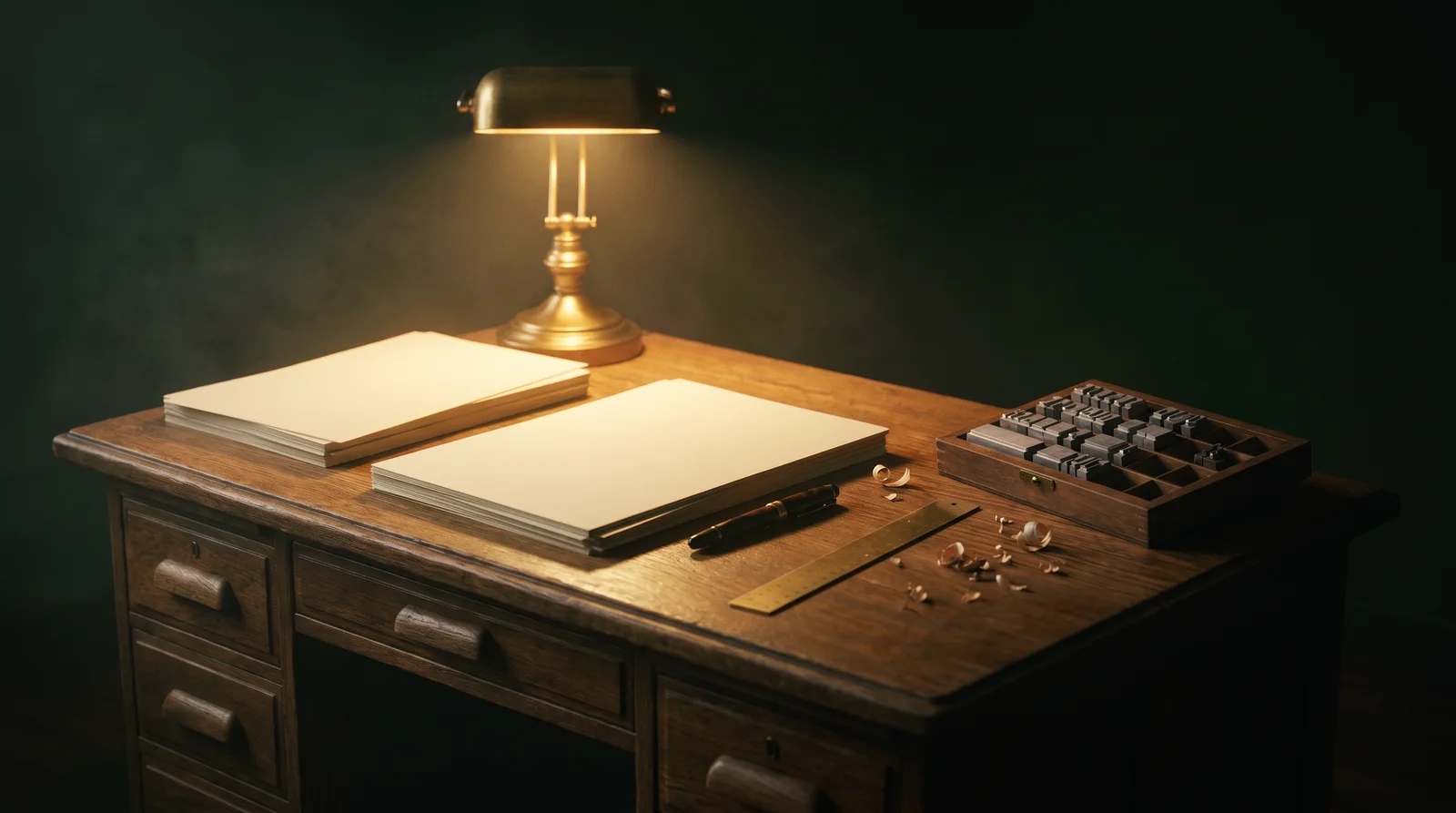 A lamplit oak desk with stacked paper, a fountain pen and letterpress blocks